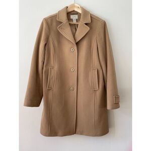 LL Bean Women’s 100% Wool Coat Tan Camel Size 10 classic polo coat 3/4 length